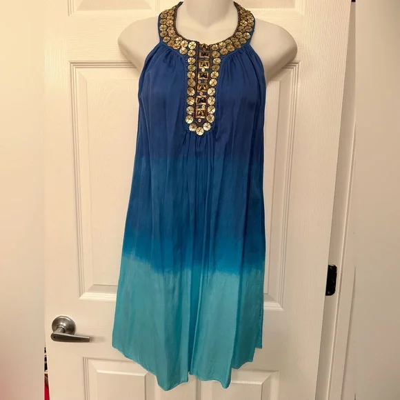 Boston Proper | Dresses | Boston Proper Blue Tie Dye Halter Beaded Seashell  Dress Beach Size 2 | Poshmark